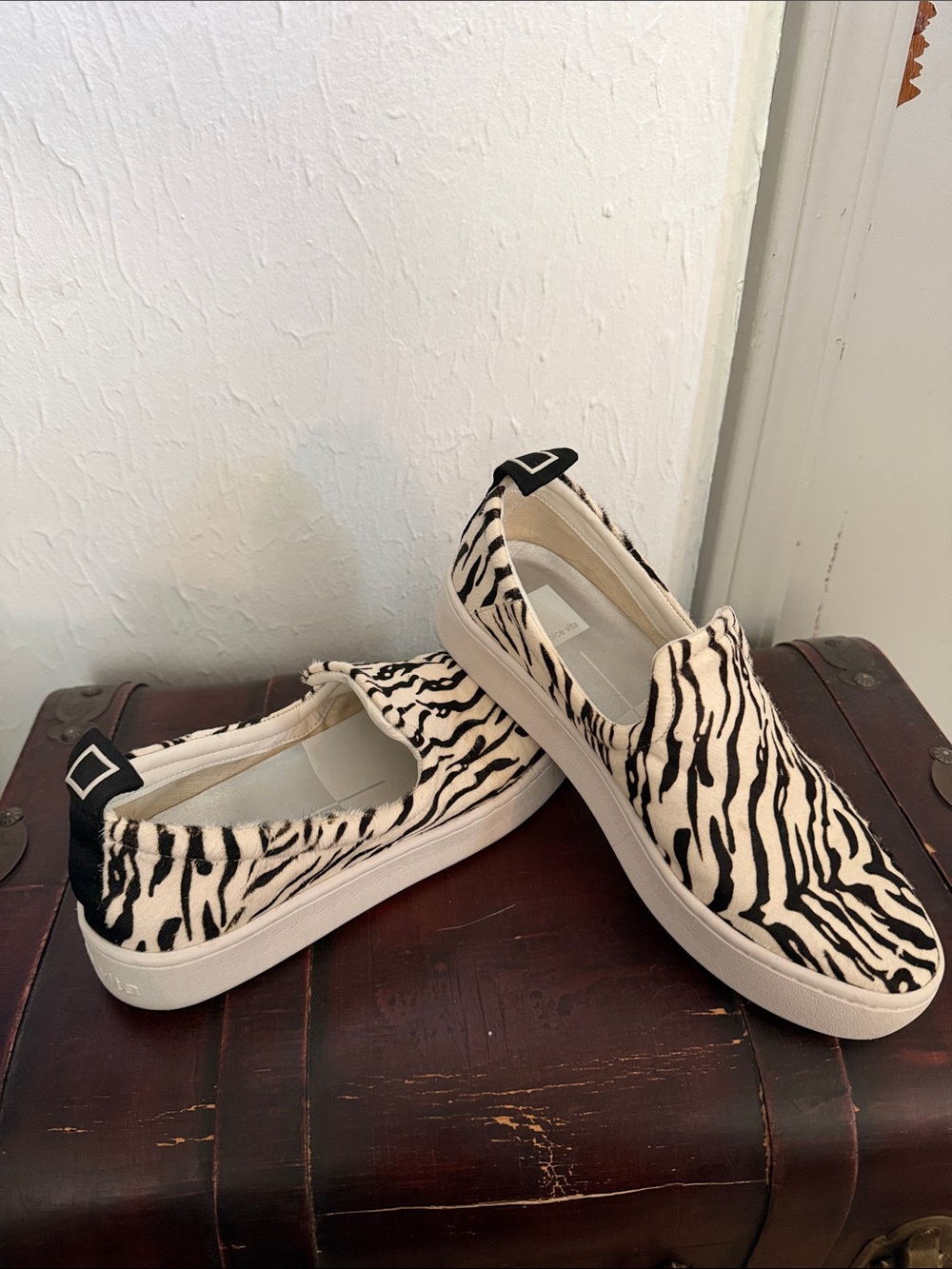 Dolce Vita Womens Zebra-Print Slip-On Sneakers in Black & Cream